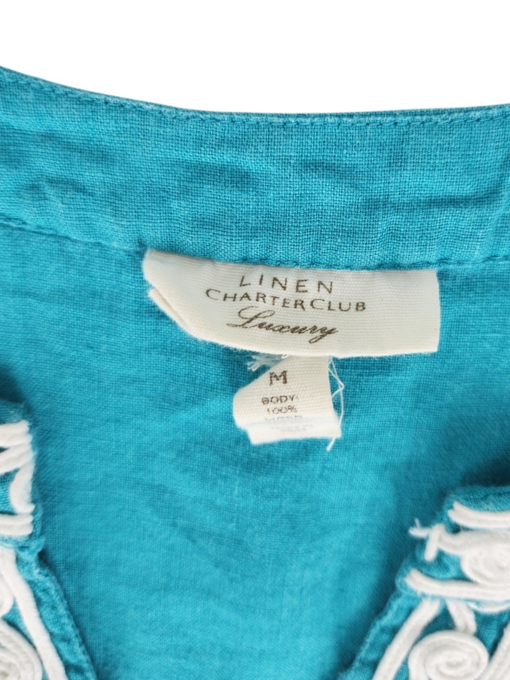 Charter Club Luxury 100% Linen Embroidered Sleeveless Tunic Top Teal Coastal Med - Picture 8 of 12